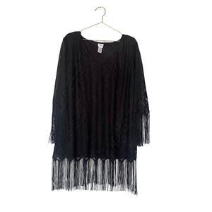 Vintage Havana open front fringe Kimono size medium black lace detail